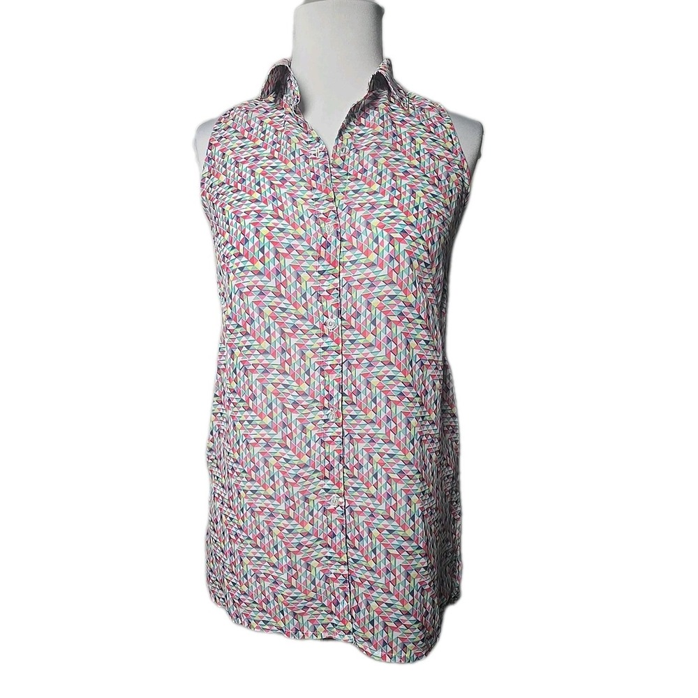 Candie's Geo Print Chiffon Sleeveless Button-Front Top XS Hi-Low Hemline